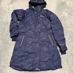 Columbia Down Puffer Jacket Womens Medium Blue Winter Coat Hooded Long ****
